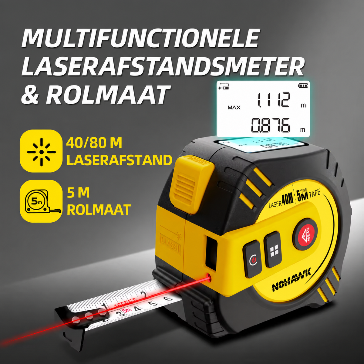 Nohawk 2-in-1 Laserafstandsmeter & Rolmaat – 40/80 m, USB-oplaadbaar